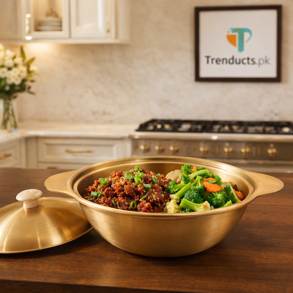 Premium Golden Serving Bowl with Wooden Knob Lid