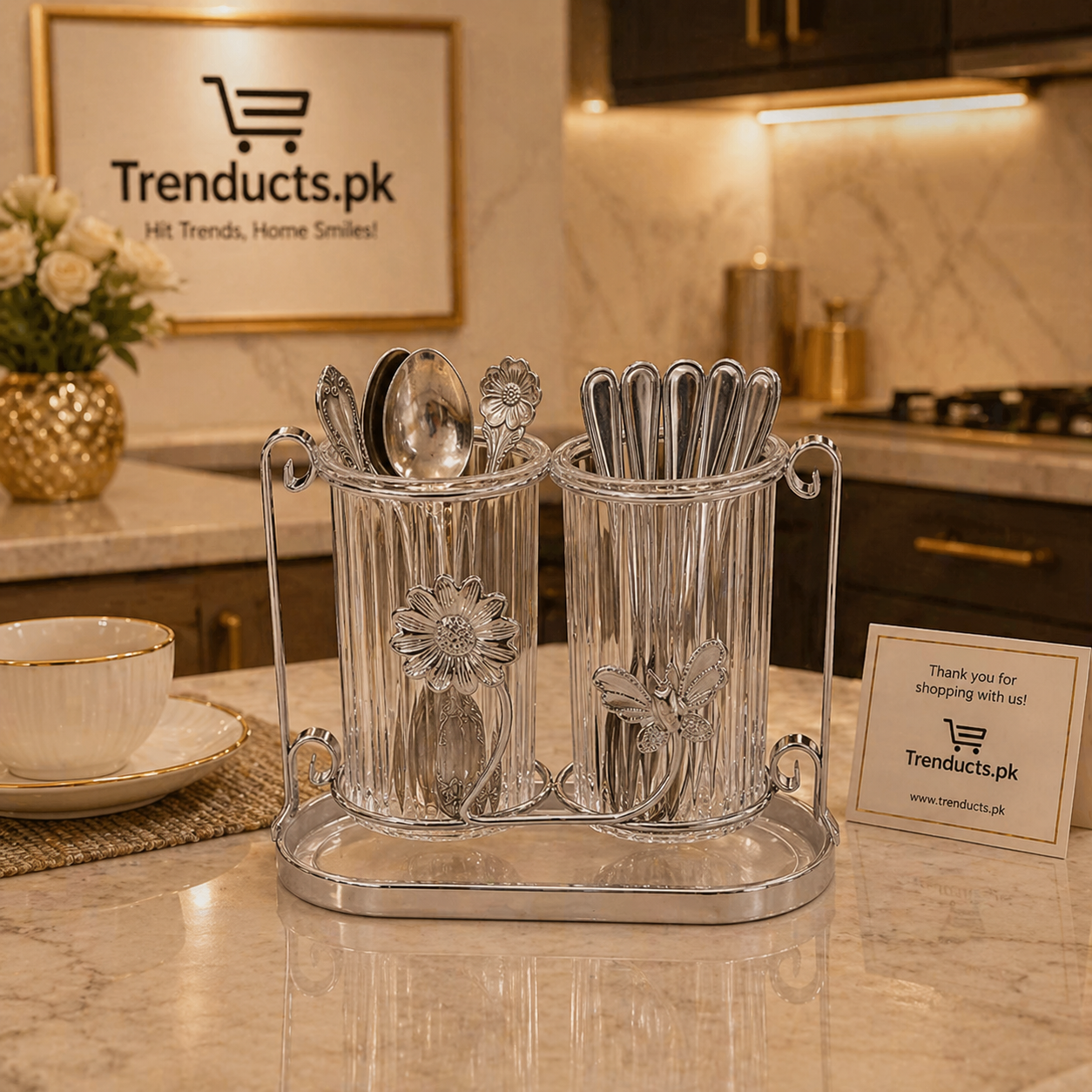 Luxury Acrylic Cutlery Organizer – 2-Compartment Spoon & Fork Holder with Gold-Finish Metal Stand