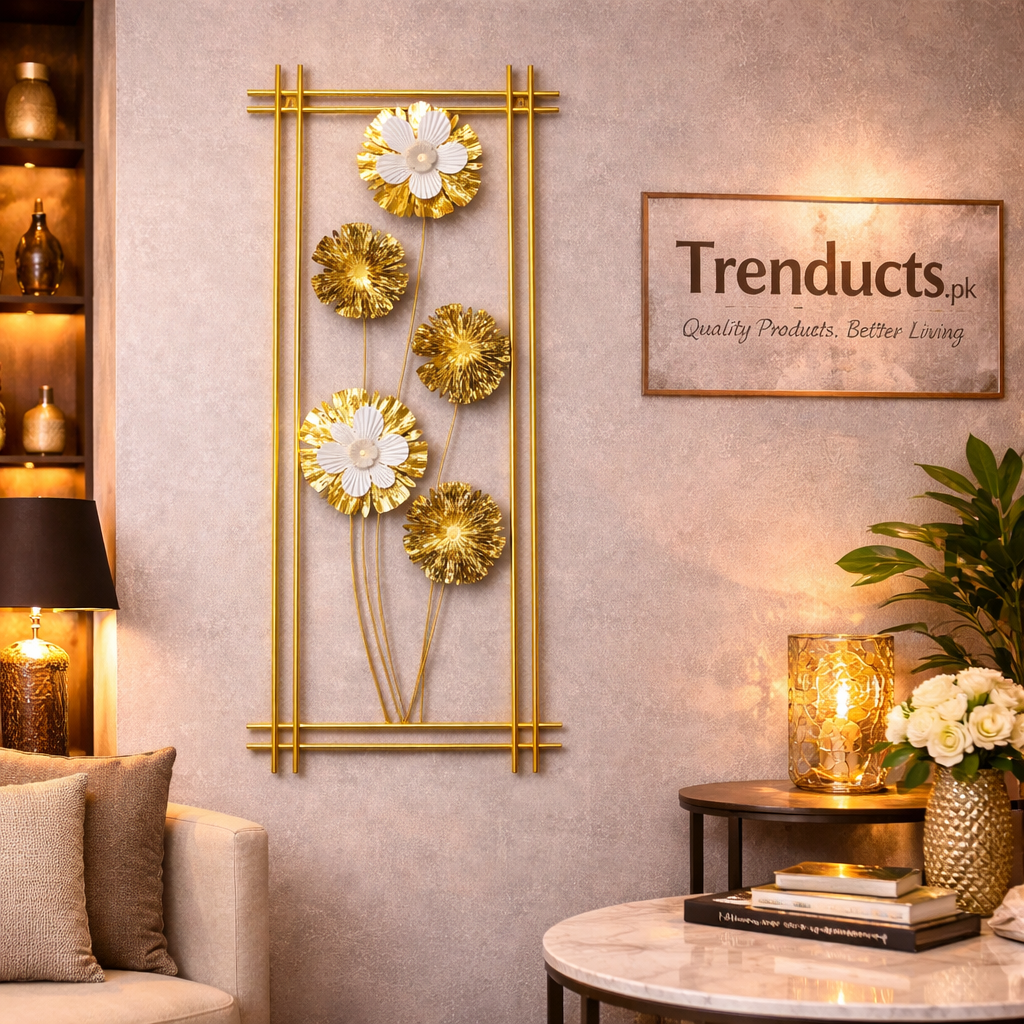 Trenducts luxury champagne gold 3D metal wall motif art displayed in a high-end Pakistani living room.