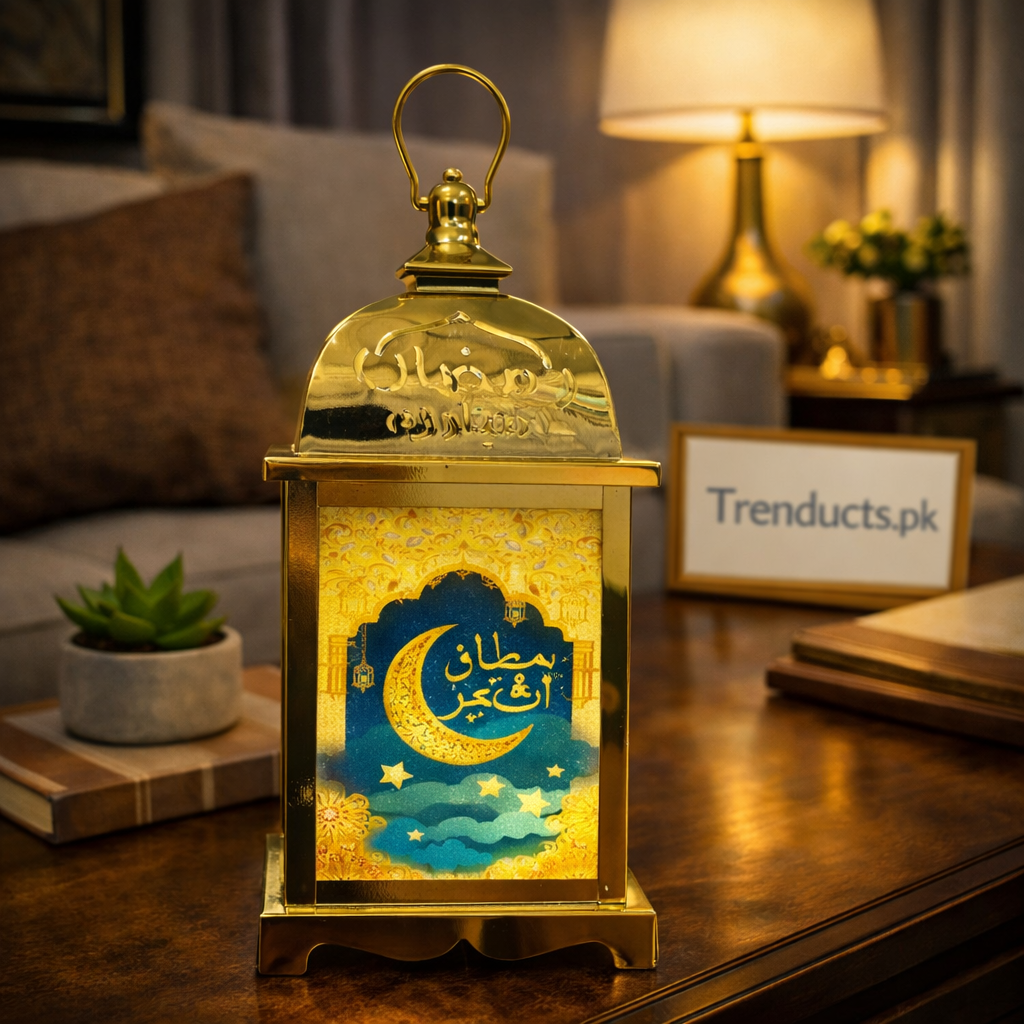 Gold metal Ramadan lantern with LED light and Nasheed audio feature."
"Decorative Islamic lalten with mosque design and sound for Ramadan 2026."