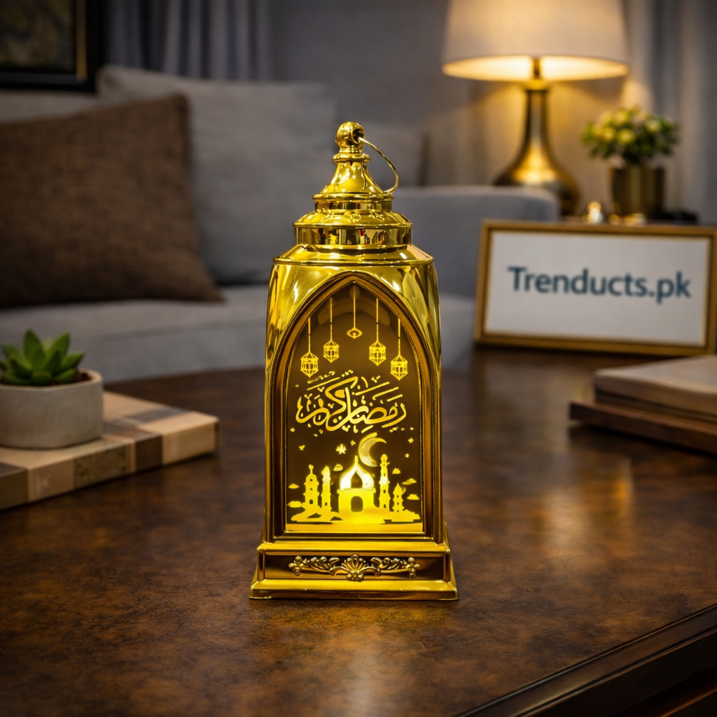 Golden LED Metal Lalten with Ramadan Kareem calligraphy and mosque silhouette for home decoration in Pakistan.