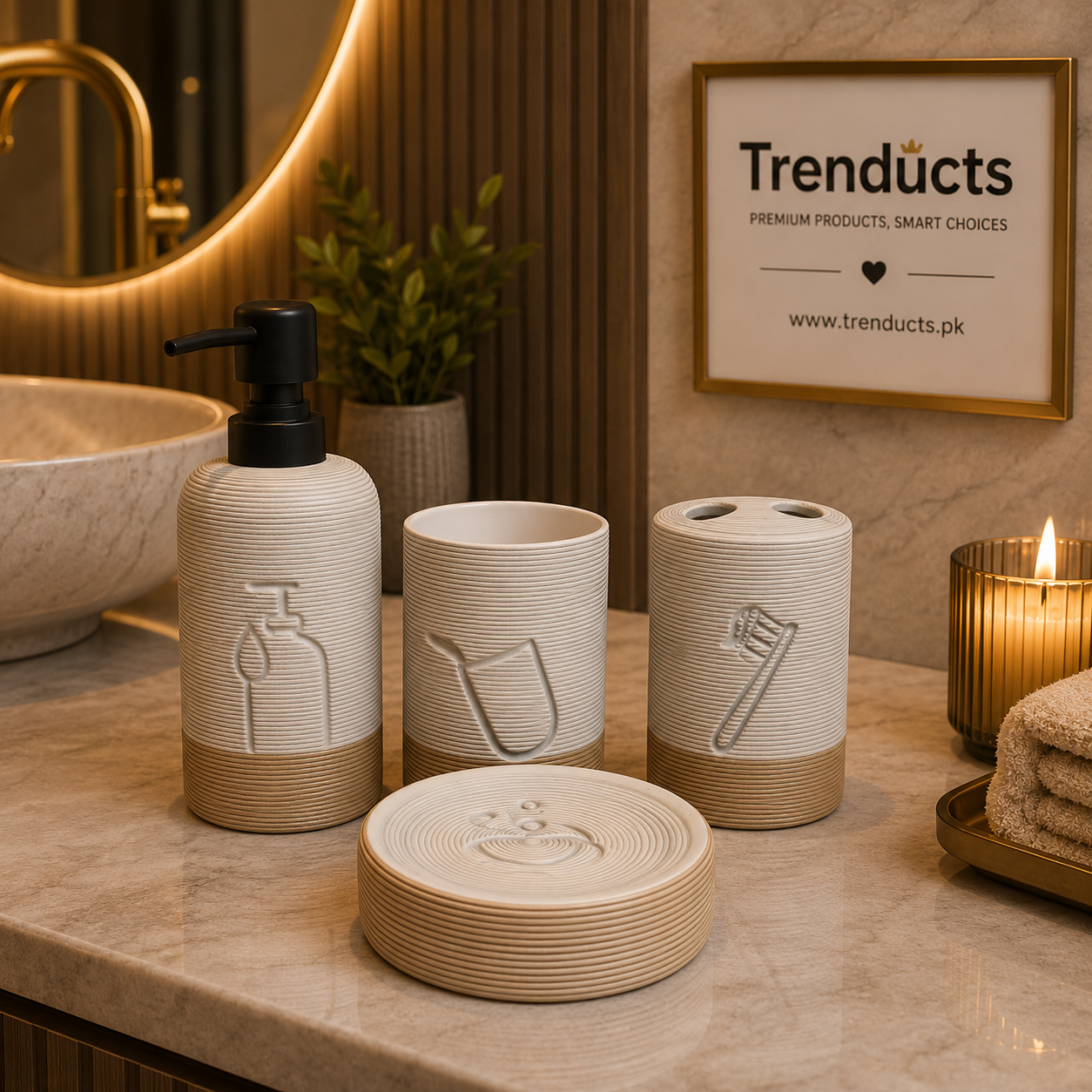 4-Piece Ceramic Bathroom Set - Grooved Soap Dispenser Kit