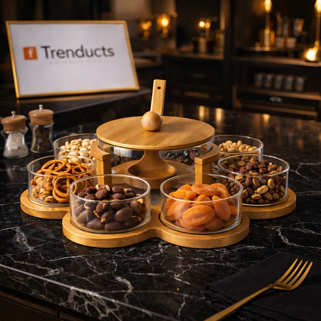 Premium 7-Piece Glass Snack Serving Set – Wooden Stand & Lid Organizer
