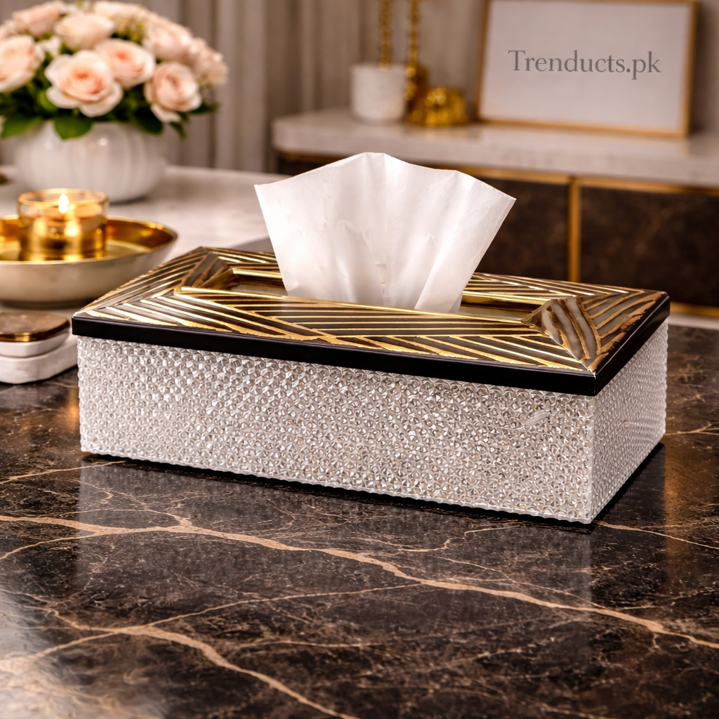 Geo-Artisan Crystal & Gold Wooden Tissue Box – Luxury Tabletop Decor