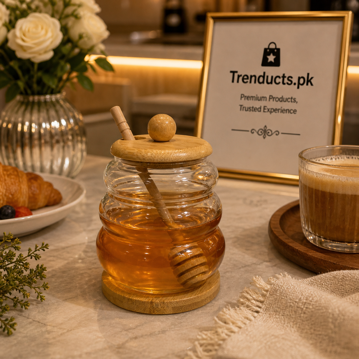 Elegant Ribbed Glass Honey Jar with Wooden Dipper & Lid