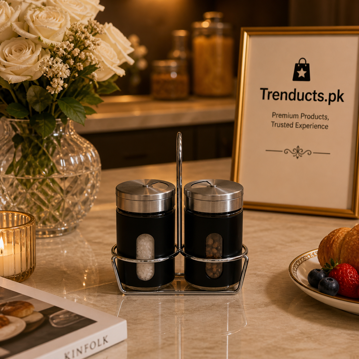 Modern Stainless Steel Salt & Pepper Shaker Set with Stand