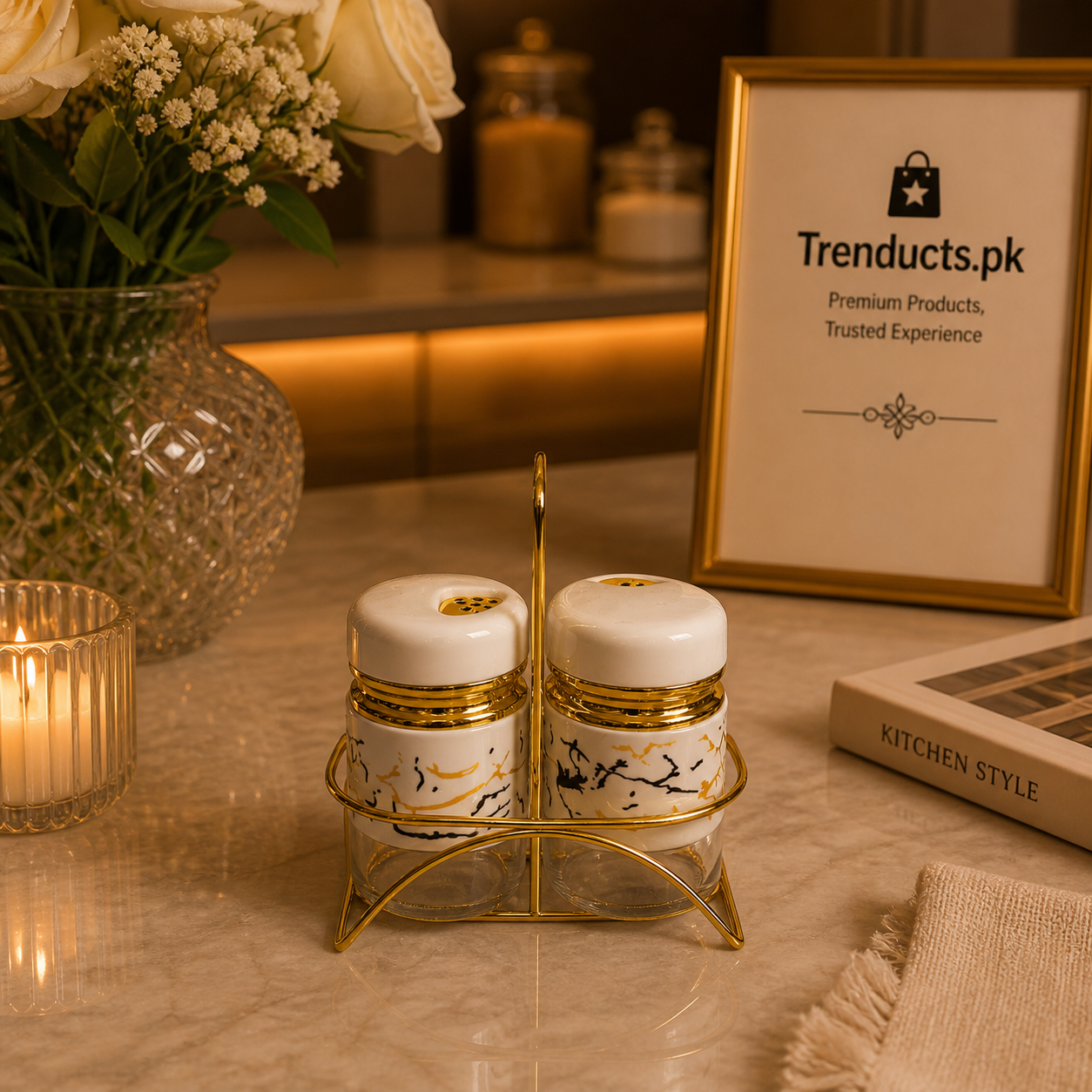 Luxury Marble-Finish Salt & Pepper Shaker Set with Gold Stand