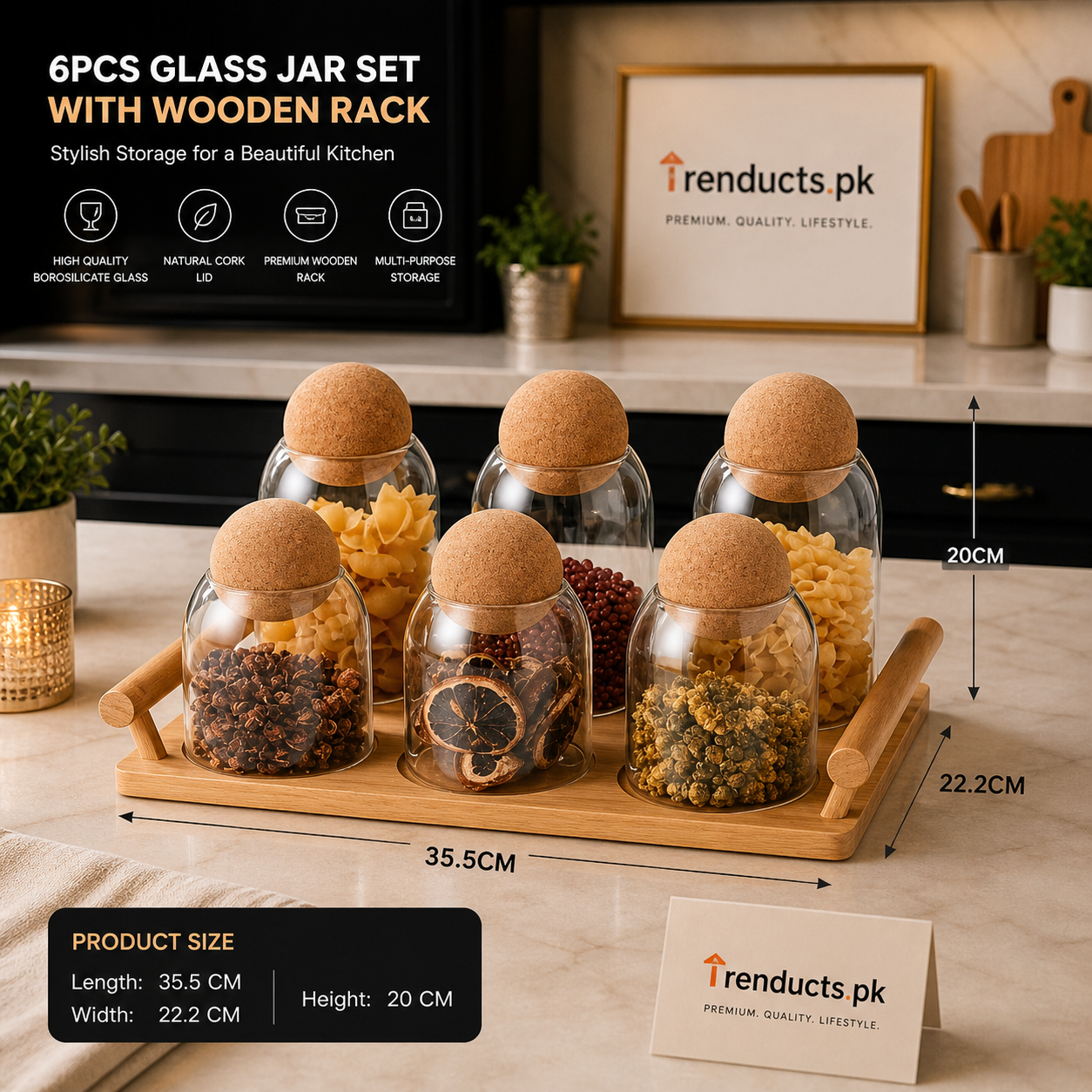 Minimalist 6-Piece Glass Jar Set with Wooden Display Rack