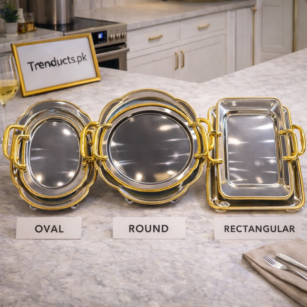 Triple-Tiered Chrome Trays with Embossed Gold Border