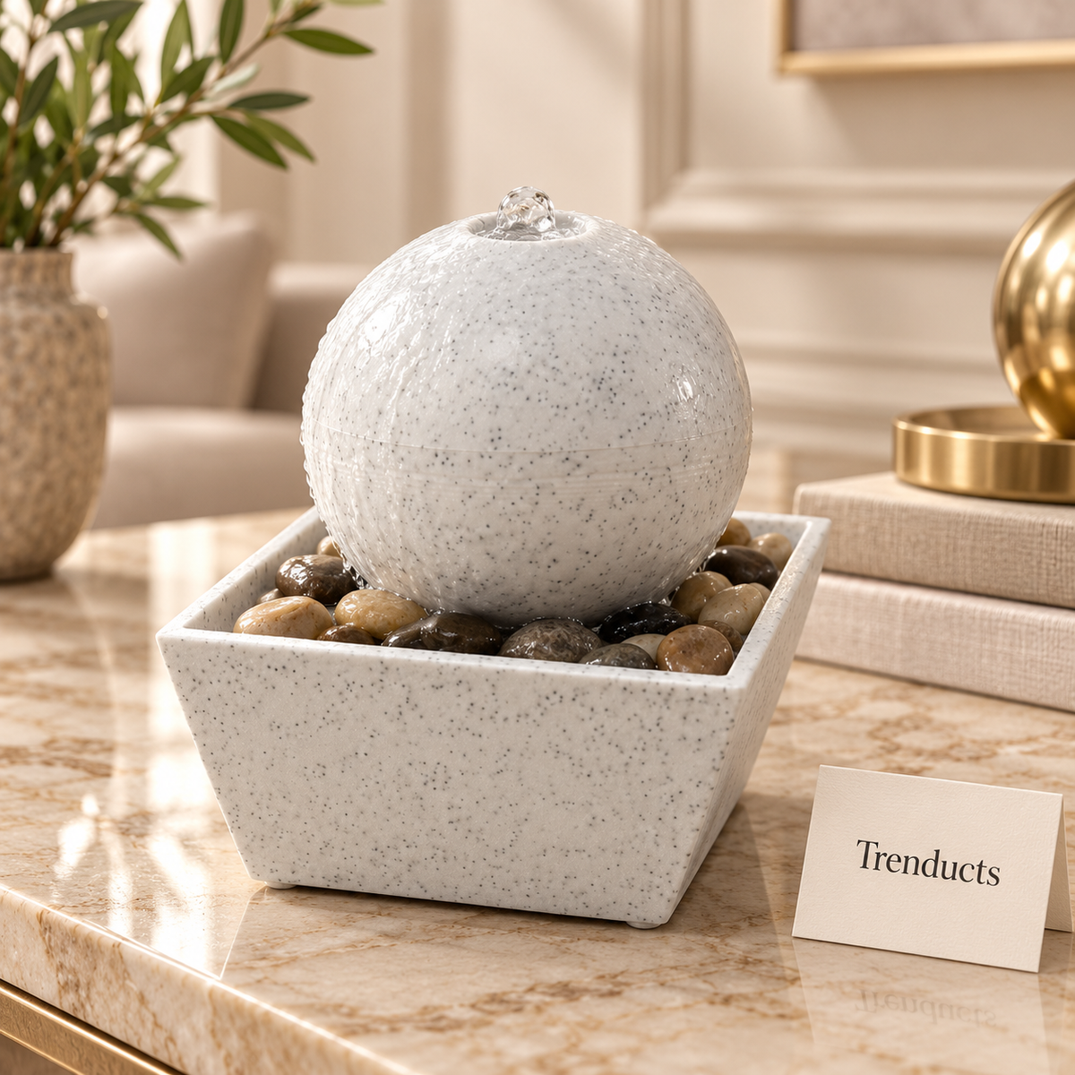 White Granite Sphere Orb Tabletop Fountain with River Pebbles – Indoor Water Feature
