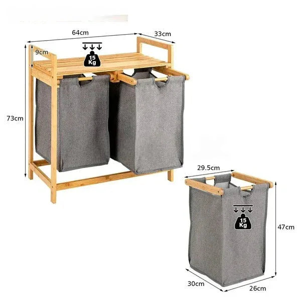 Double Compartment Bamboo Laundry Sorter – Grey Fabric Bags - Clarify.pk