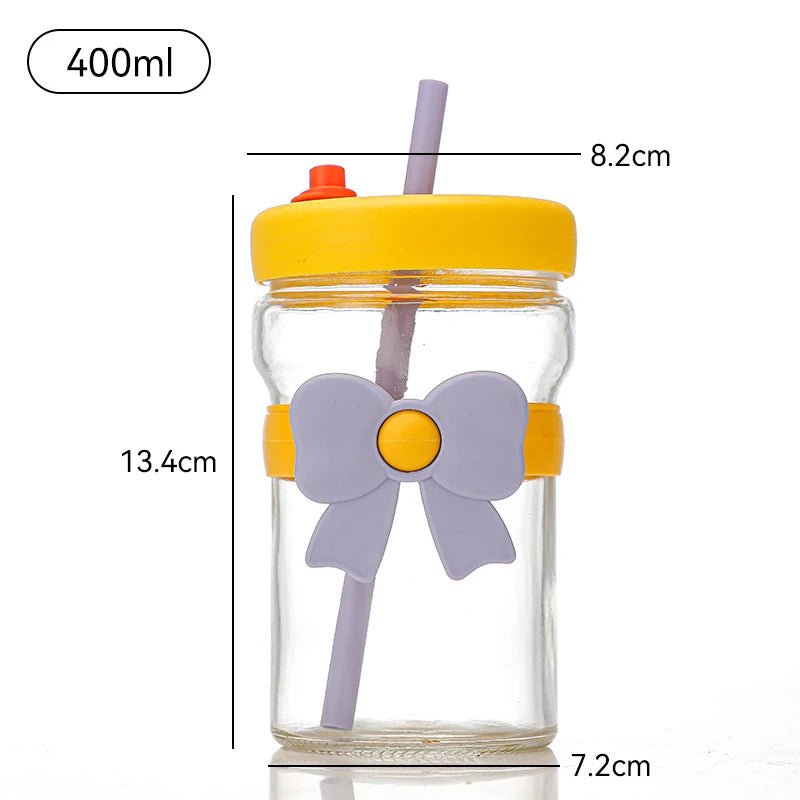 400ml Bow Glass Straw Cup – Leak-Proof Heat Resistant Mug