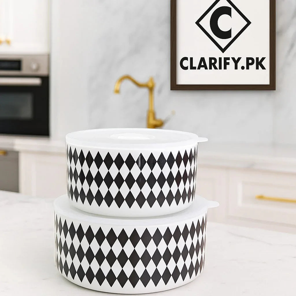 Diamond Pattern Ceramic Storage Bowl with Lid – Black & White - Clarify.pk