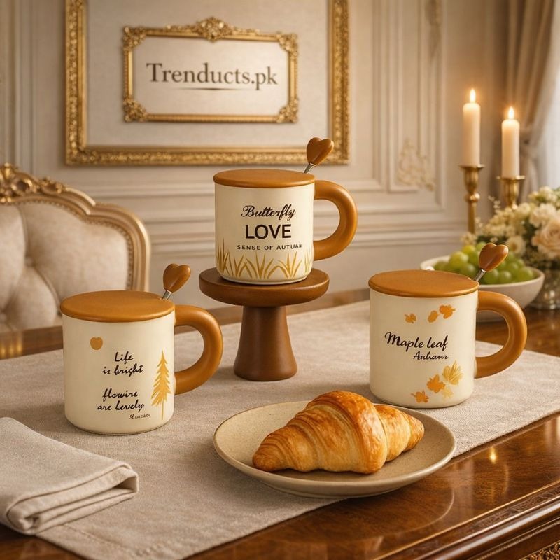 Aesthetic ceramic autumn themed mugs with brown silicone lids and heart shaped spoons Trenducts Pakistan