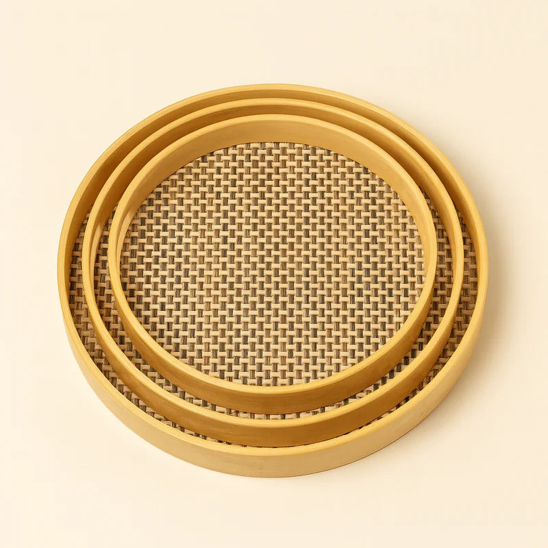 3-Pc Round Bamboo & Rattan Serving Tray Set – Handwoven Decorative Platters MJ