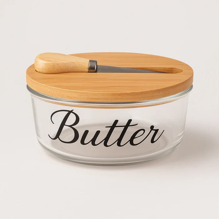 Glass Butter Dish – Premium Storage Container with Bamboo Lid & Integrated Spreader MJ