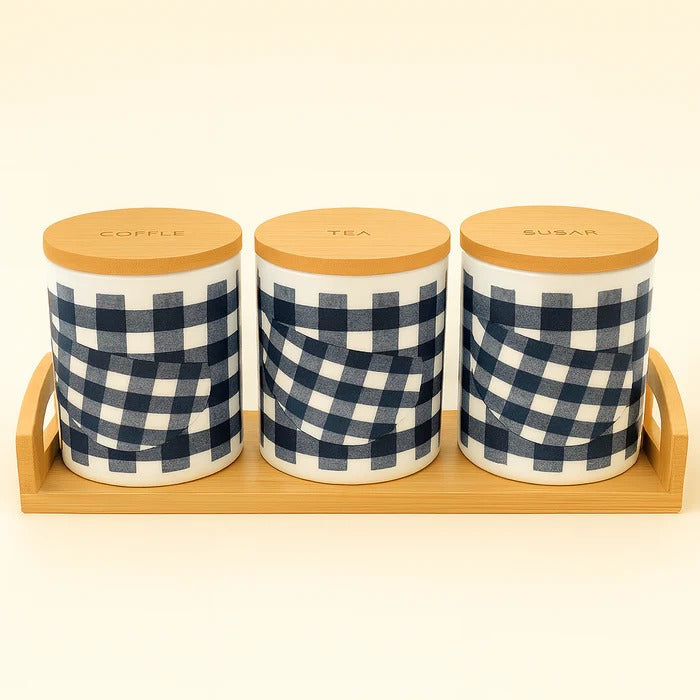 3Pc Classic Checkered Ceramic Jars – Tea, Coffee, and Sugar Canister Set with Bamboo Tray MJ
