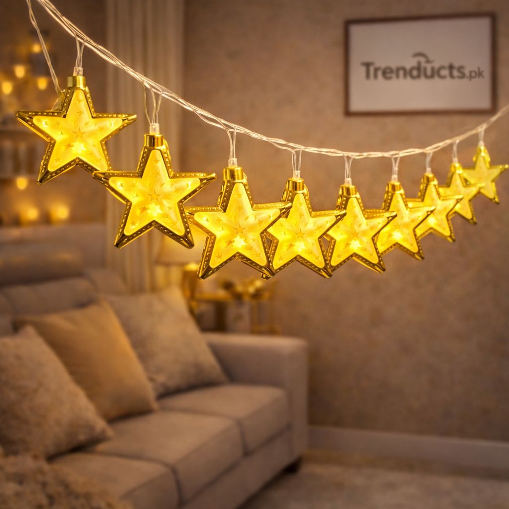 "Trenducts Glacier Glow fairy stars lights with premium 3D crystal LED effect for bedroom decor."
"High-quality crystalline star-shaped string lights for living room ambiance in Pakistan."