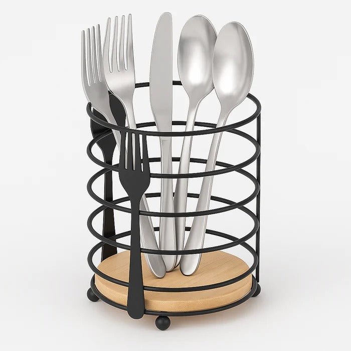 Modern Metallic & Oak Round Spoon Holder – Artisan Cutlery Organizer MJ