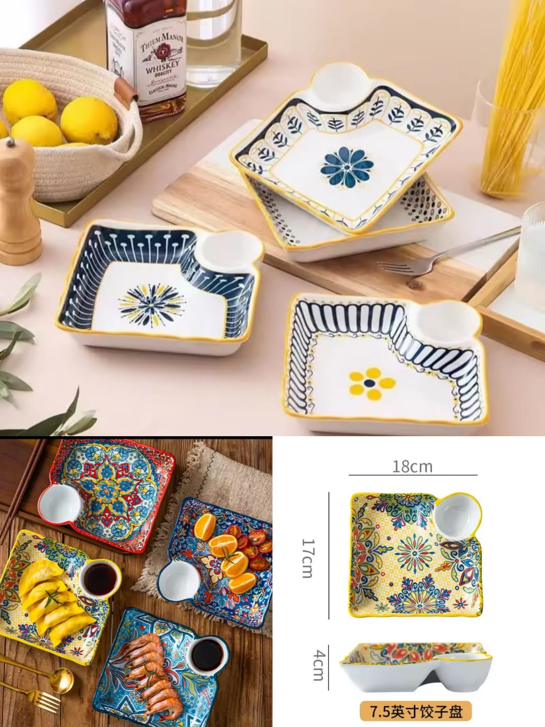 Premium Ceramic Square Serving Tray with Built in Corner Dipping Station