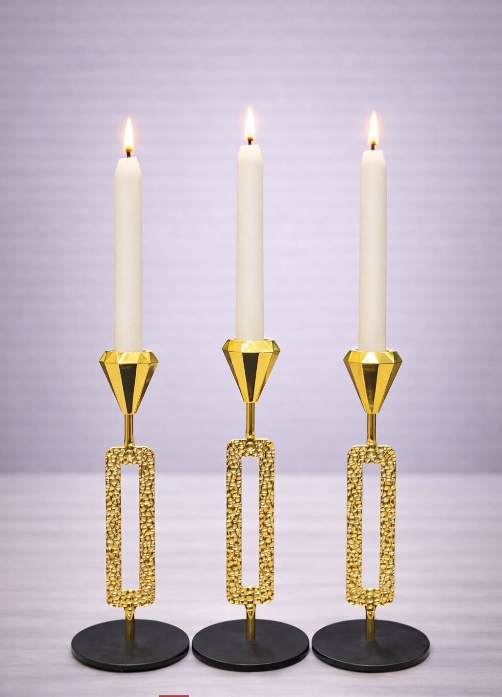 Luxury 3-Piece Linear Glass & Gold Metal Candle Stand Set