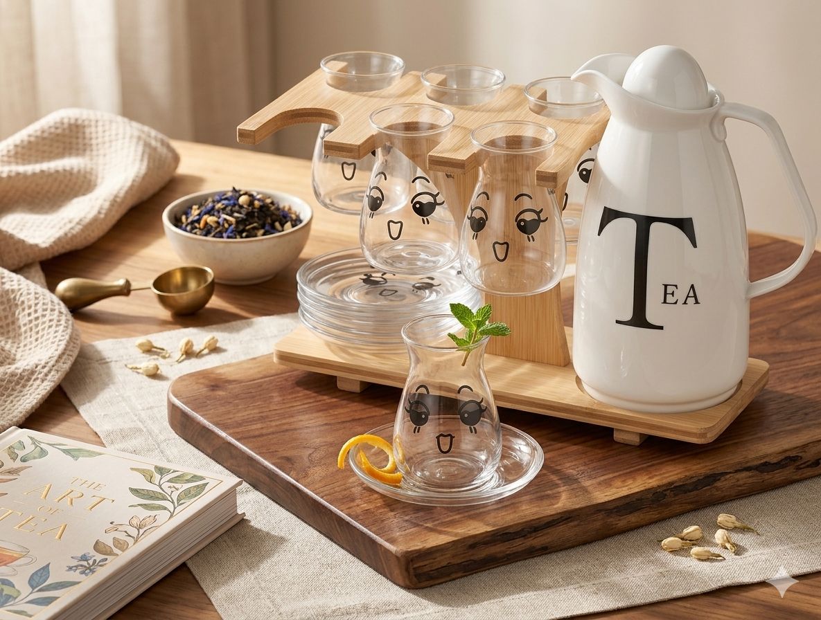 7-Piece Animated Glass Tea Set with Bamboo Organizer
