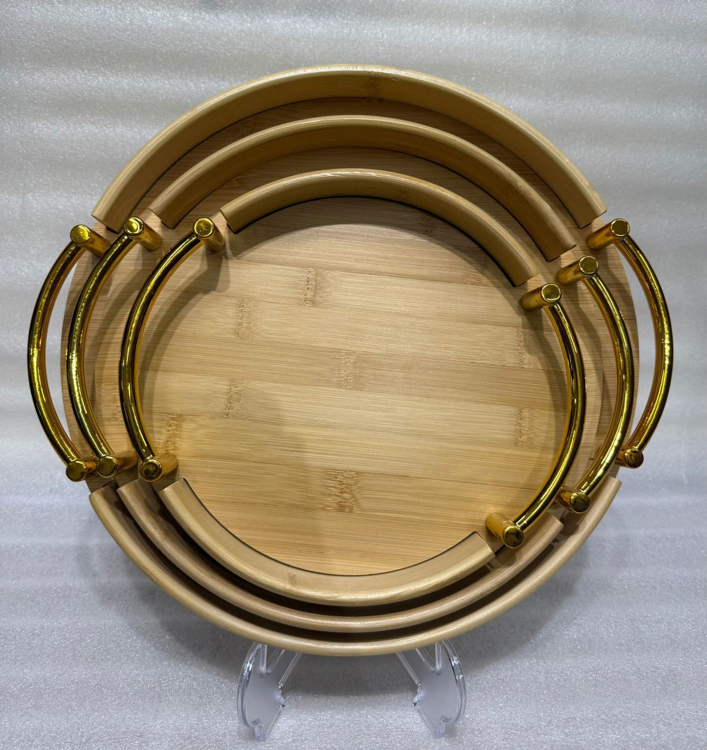 Luxury Round Bamboo Serving Tray Set with Gold Handles – 3 Pieces