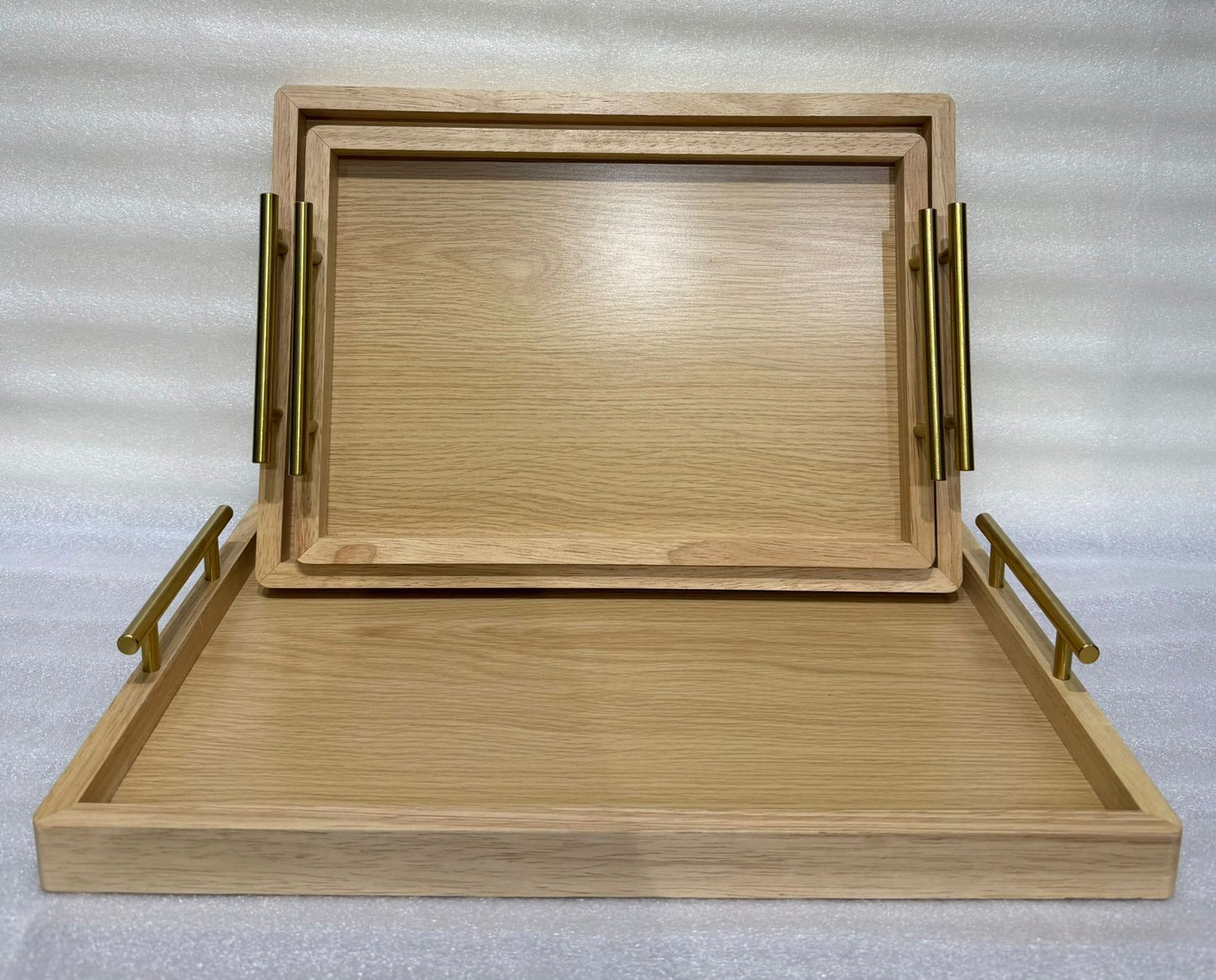 Luxury Rectangular Oak-Finish Tray Set with Gold Handles – 3 Pieces