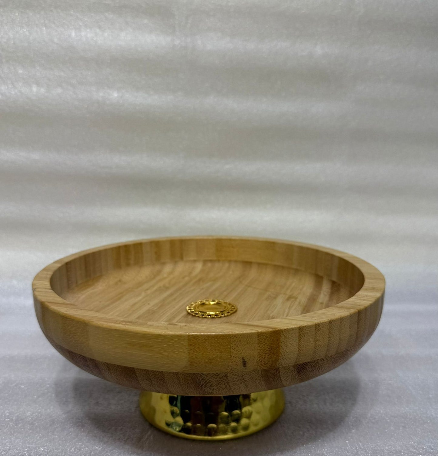 Pedestal Bamboo Serving Platter with Hammered Gold Base