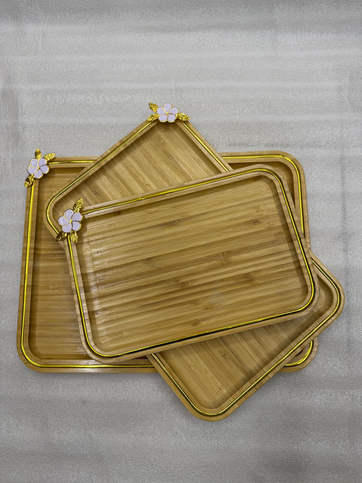 Premium 3-Piece Rectangular Bamboo Tray Set with Floral Accents