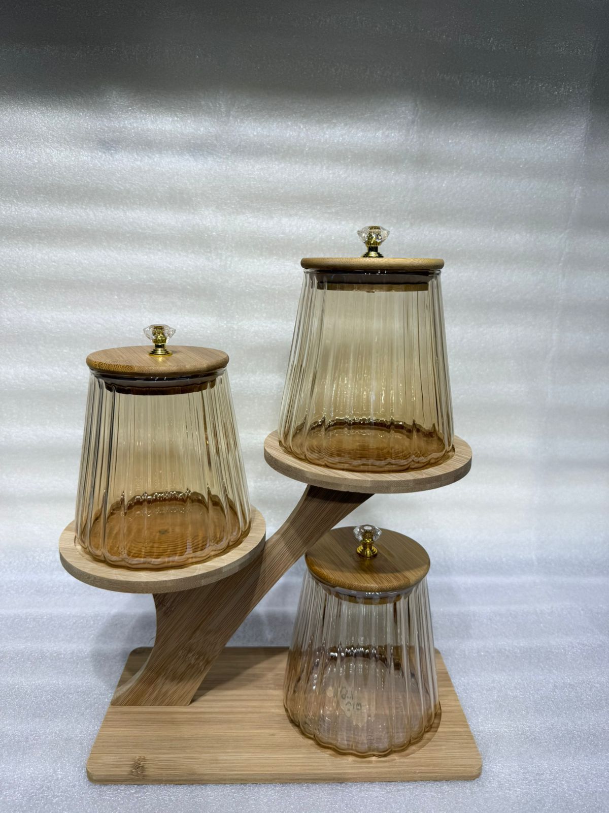 3-Piece Ribbed Amber Glass Jar Set with Tiered Bamboo Stand