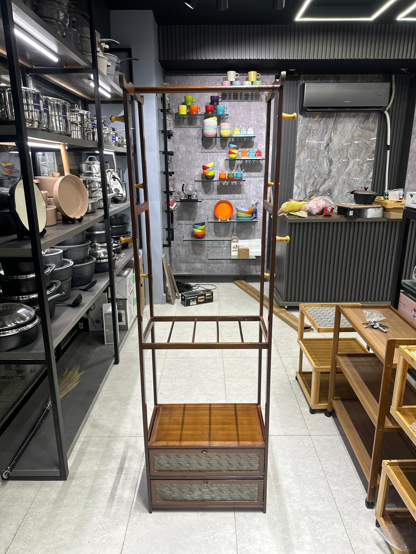 Premium Walnut Wood Standing Garment Rack with Dual Drawers