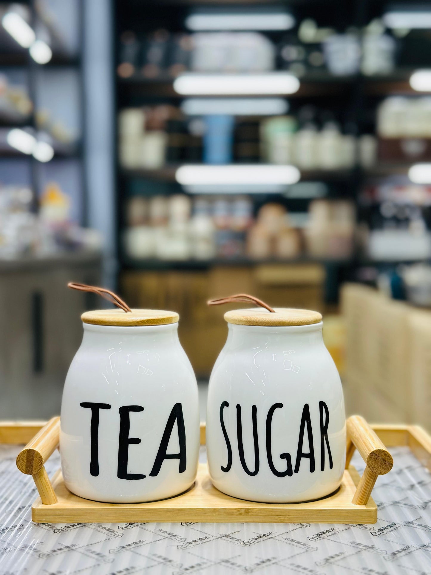 Modern Nordic Tea & Sugar 2-Piece Ceramic Jar Set with Wooden Tray