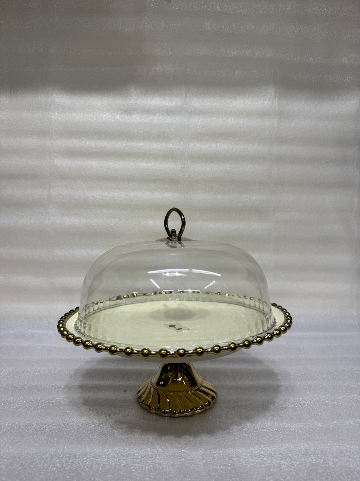Royal Beaded Golden Ceramic Cake Stand with Glass Cloche