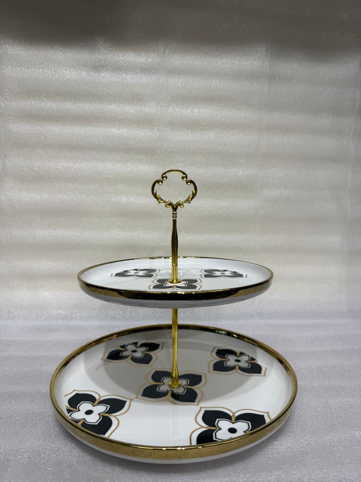 Royal Floral-Print 2-Tier Golden Ceramic Dessert Stand