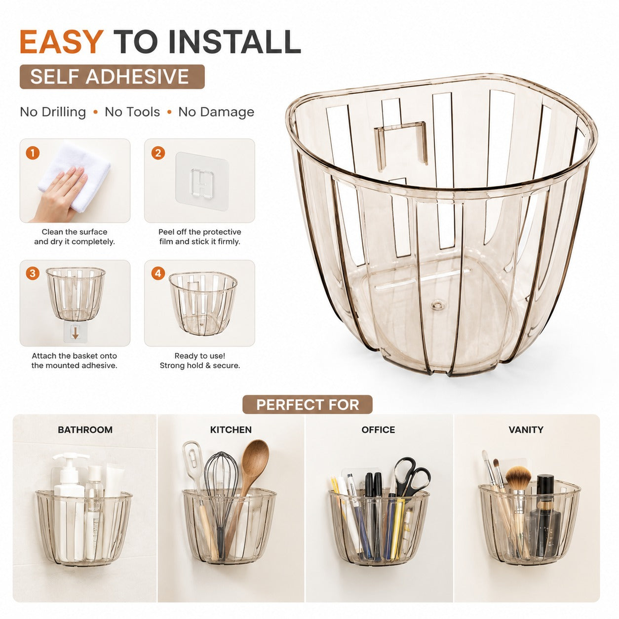 Self-Adhesive Clear Acrylic Wall Hanging Storage Basket