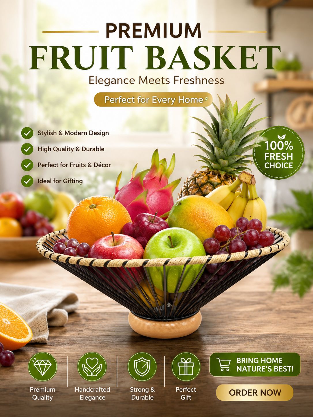 Premium Metal & Rattan Wire Fruit Basket XL
