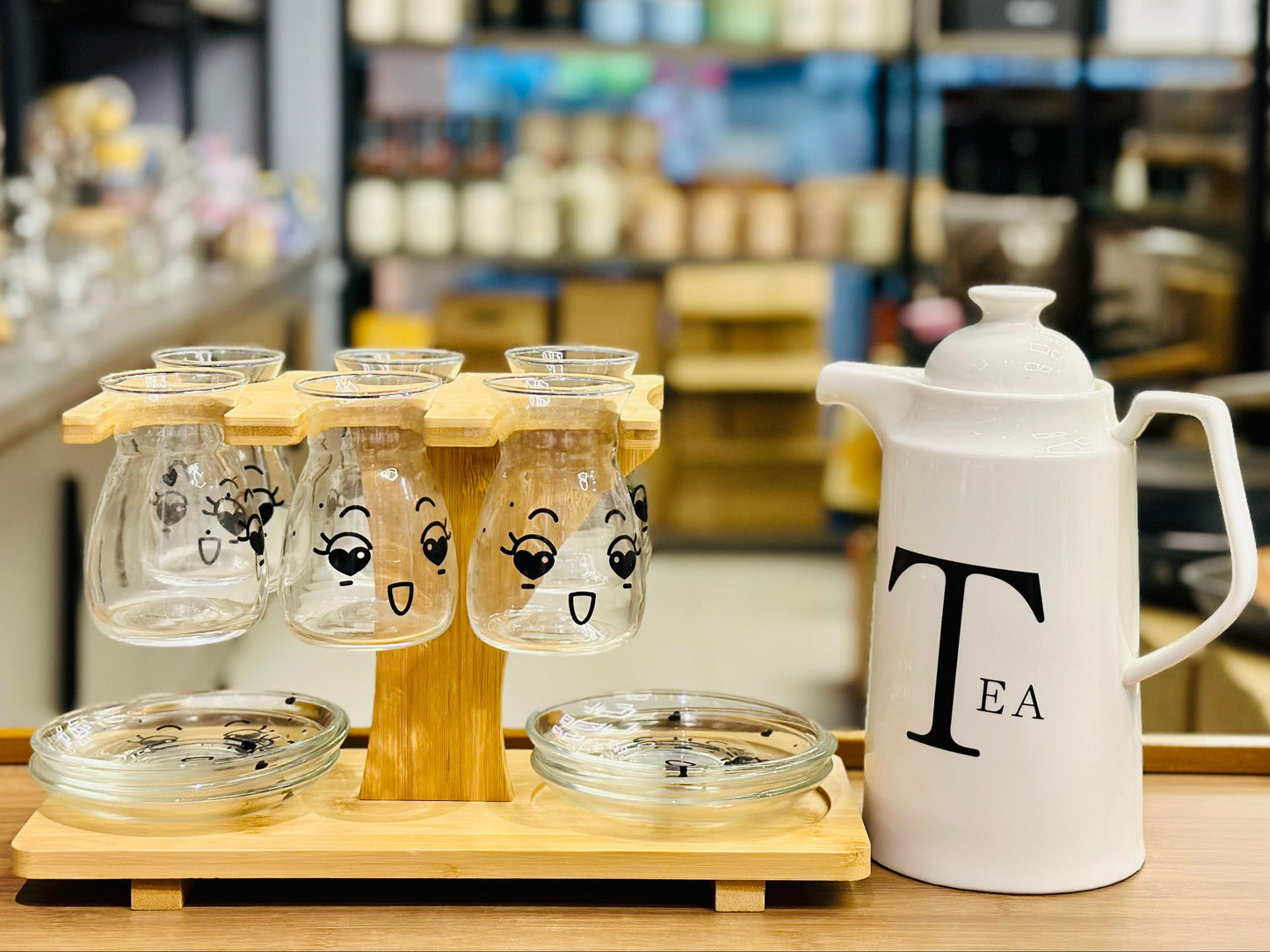 15-Piece Ceramic Tea Set with Wooden Stand