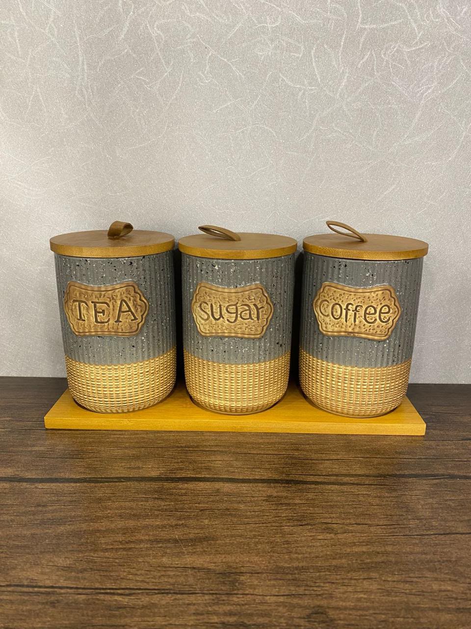 Premium 3-Piece Ceramic Jar Set - Luxury Tea, Sugar & Coffee Canister Trio with Wooden Base