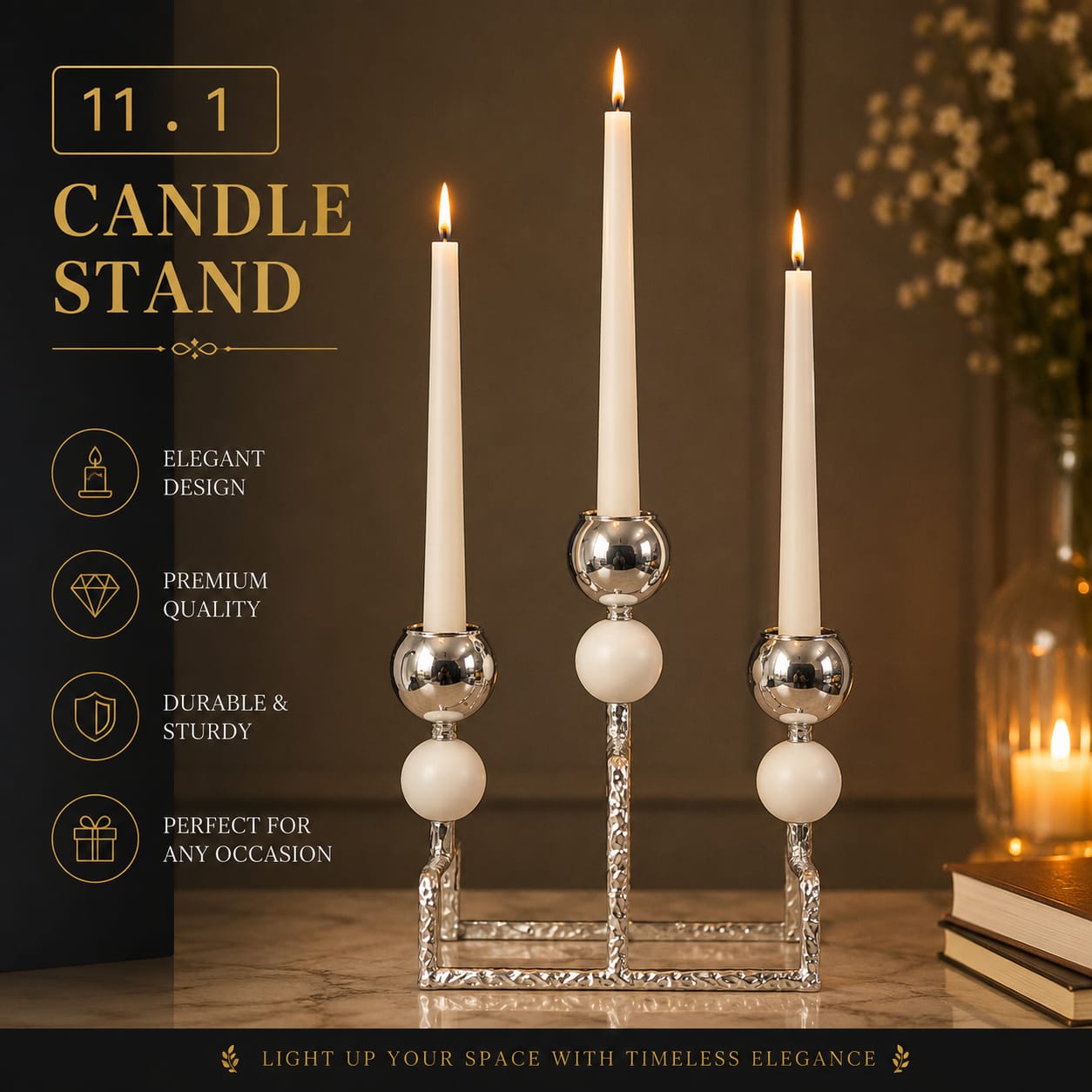 Imperial Sparkle 3 Head Silver Candle Stand Showpiece