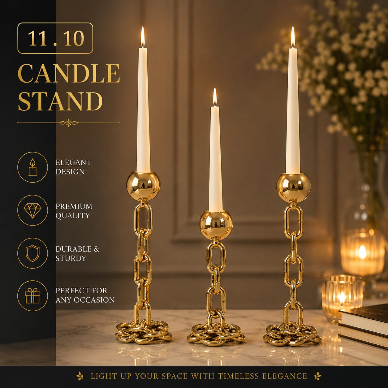 Imperial Majestic 3 Piece Gold Chain Candle Stand Set