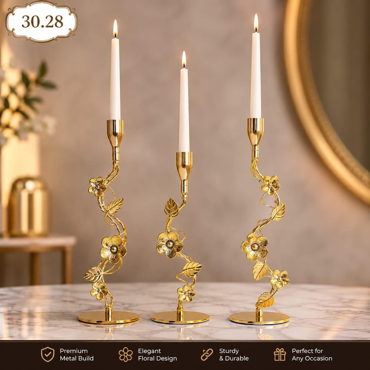 Vintage Imperial 3 Piece Golden Floral Vine Candle Stand Set