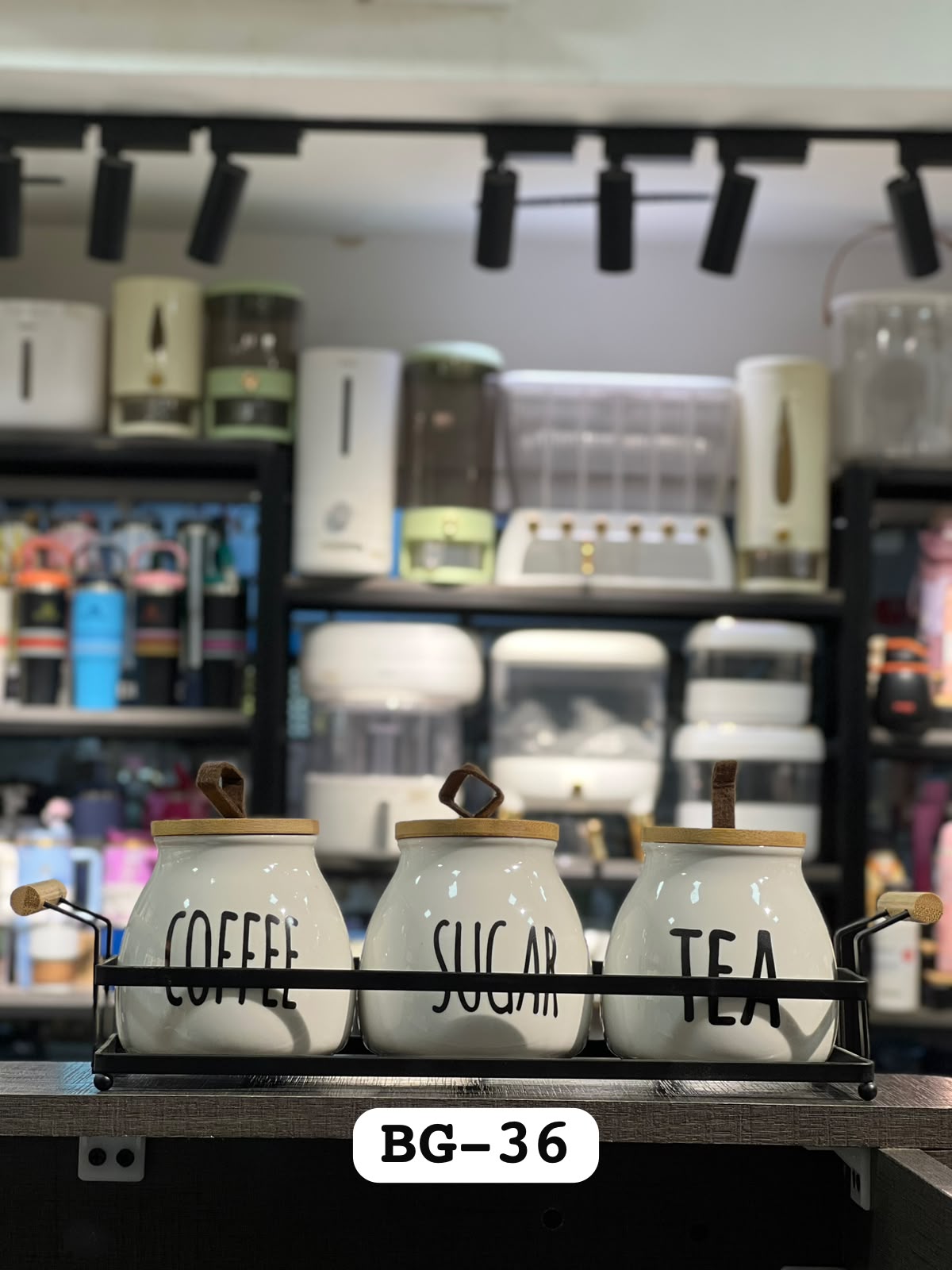 Ceramic 3Pcs Jar Set - Tea Sugar Coffee - Airtight With Metal Stand