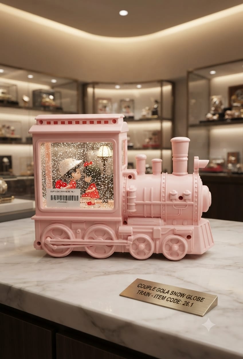 Romantic Couple Snow Globe Pink Train Decor