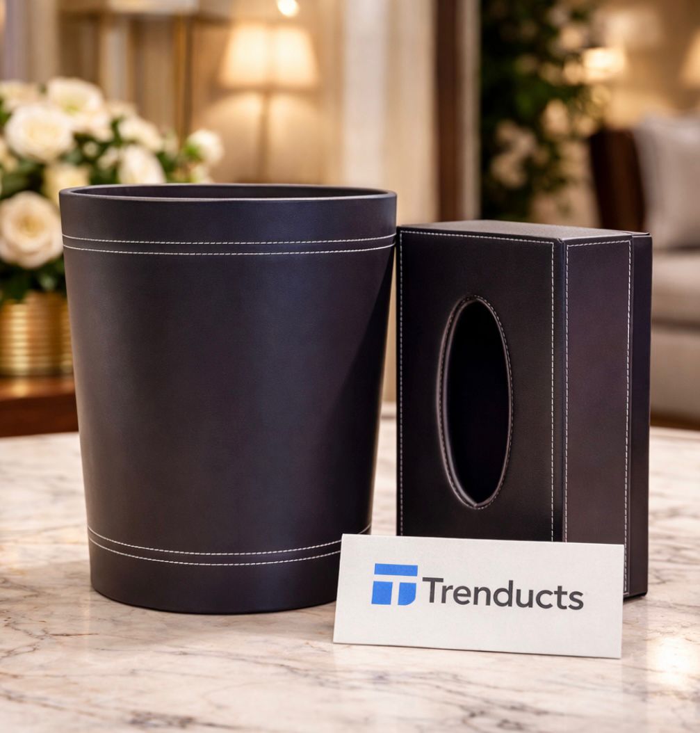 Leather Station – Smooth-Grain Plain Leather Dustbin paired with an Elite Tissue Box