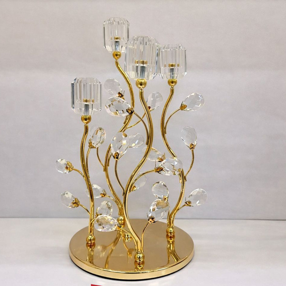 4-Cup Crystal & Gold Botanical Metal Candle Stand