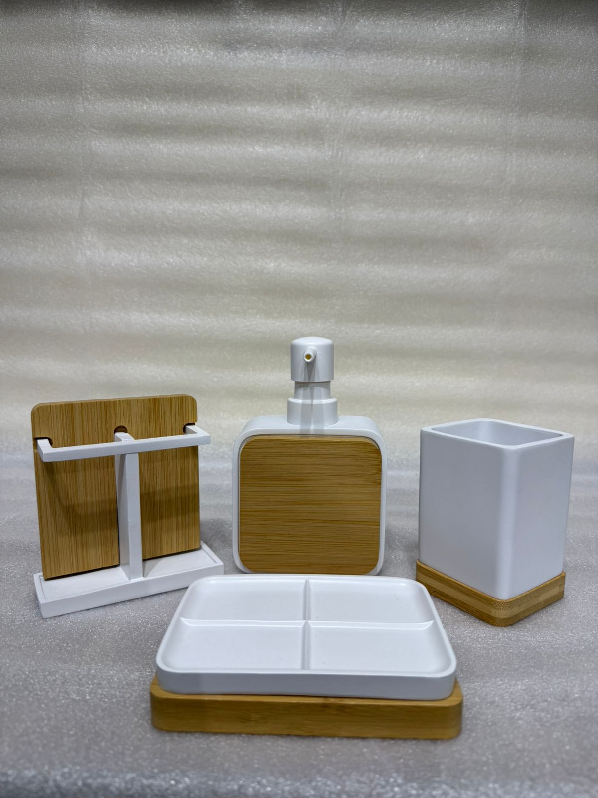 4-Piece Bathroom Accessory Set – Premium Matte White Resin & Natural Bamboo Wood Dispenser, Toothbrush Stand, Tumbler, and Soap Dish