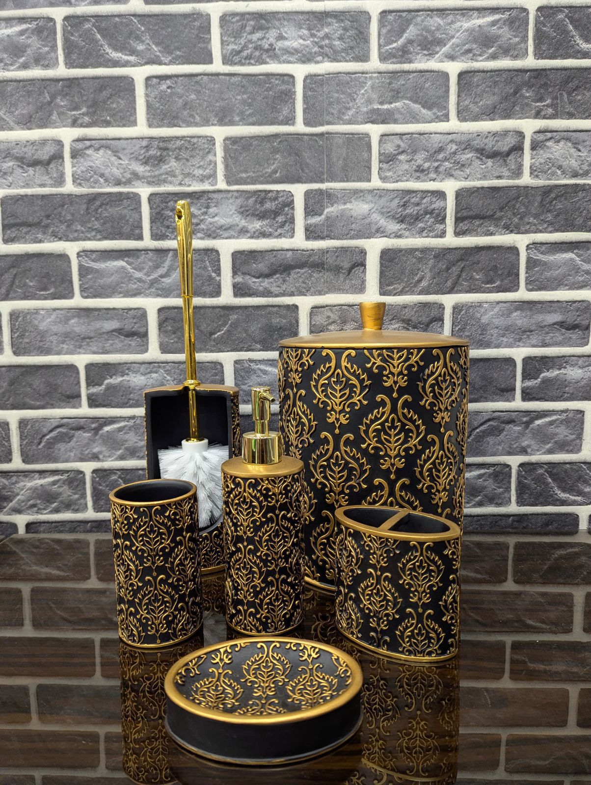 Luxury 6-Piece Ceramic Bathroom Accessory Set – Complete Vanity & Floor Suite with Trash Can and Toilet Brush