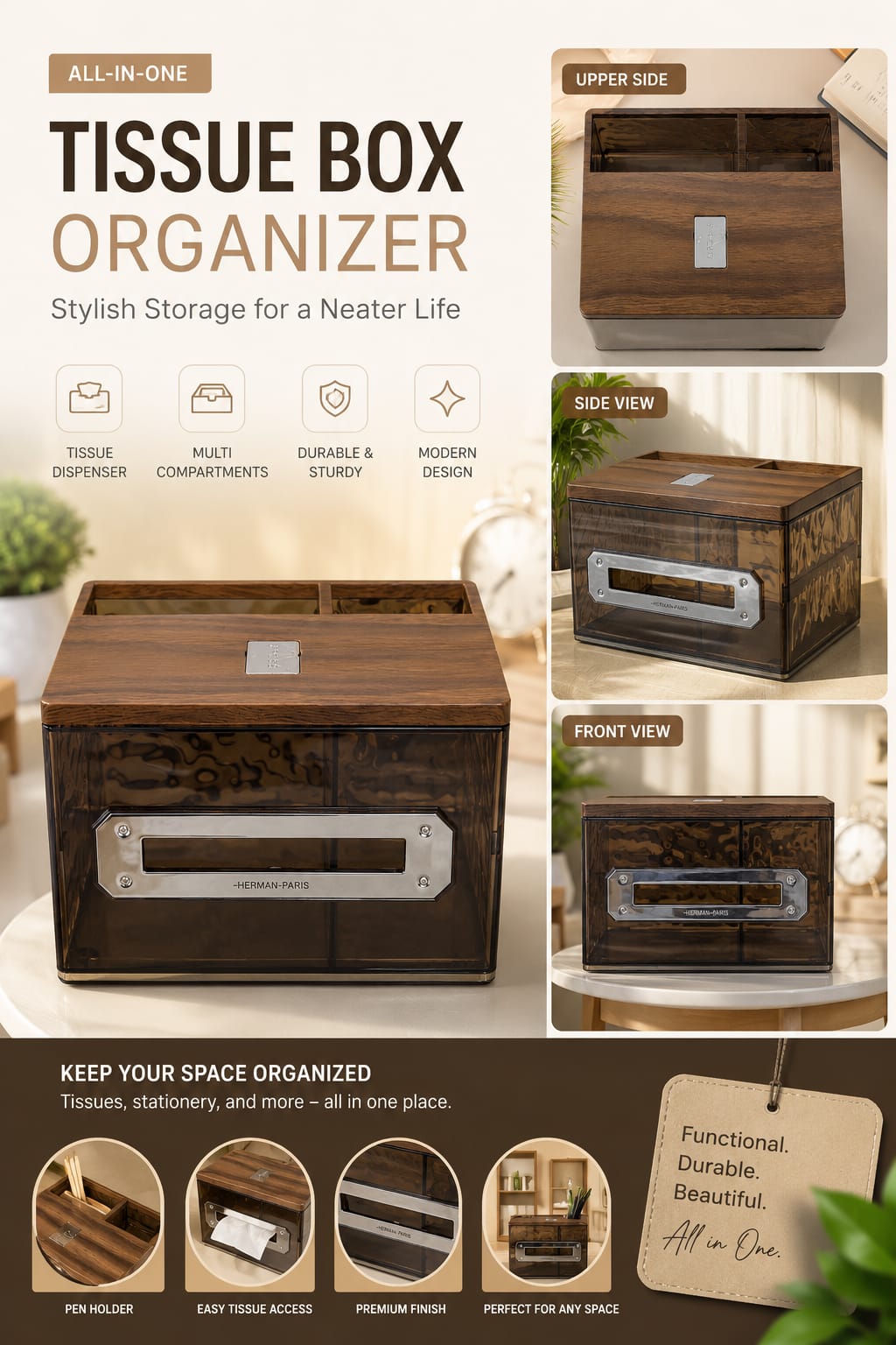All-in-One Tissue Box Organizer with Premium Wood-Grain Top