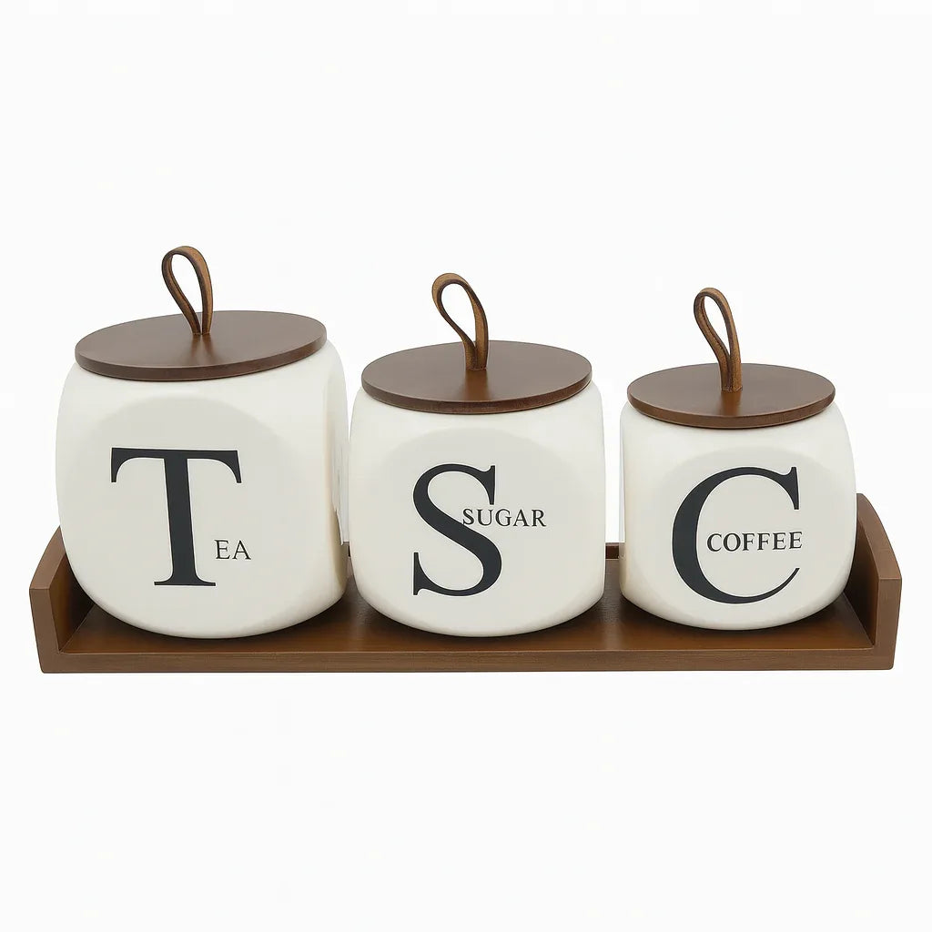 3-Piece Tea Sugar Coffee Ceramic Kitchen Storage Jar Set - Clarify.pk